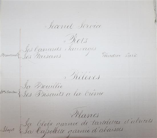 A George IV dinner menu dated 22nd October 1828 and a bespoke blue morocco folio album